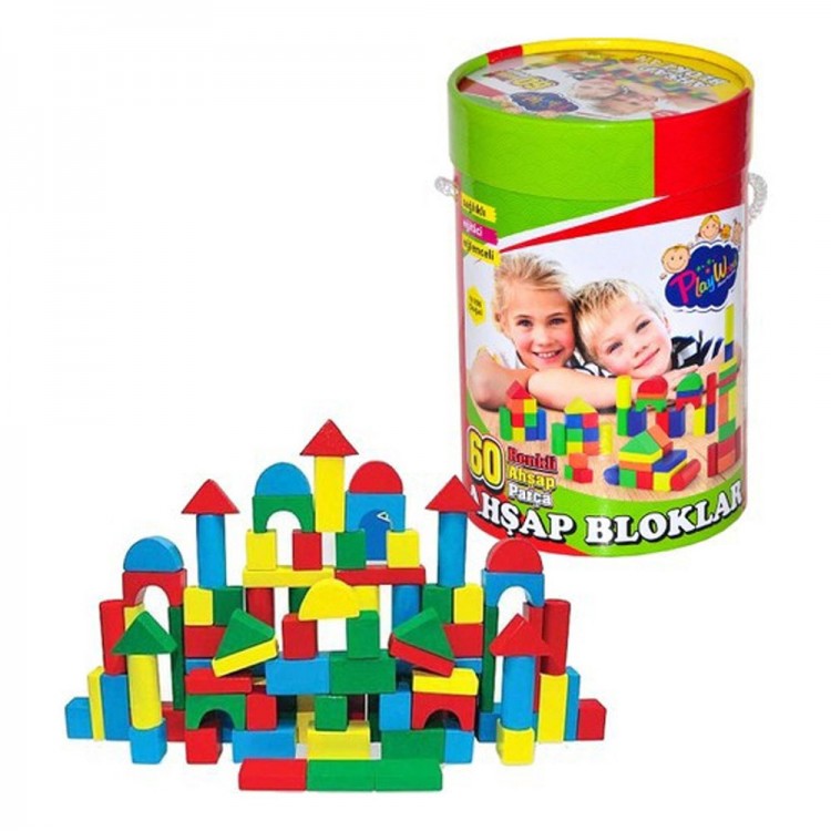 PlayWood Silindir Kutuda Ahşap Bloklar – Eğitici Renkli Oyun Seti PlayWood 60 Parça Ahşap Blok Seti – Silindir Kutulu Eğitici Oyuncak